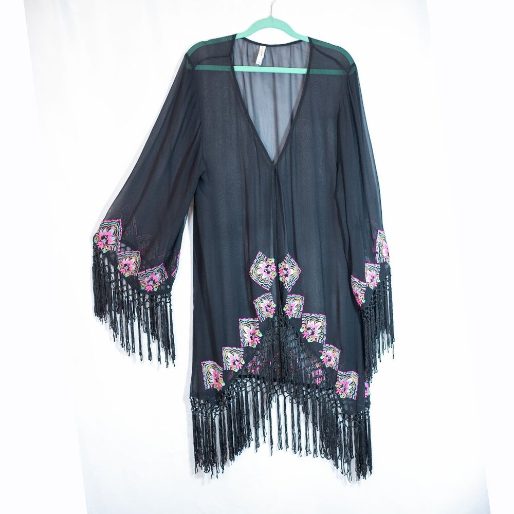 PILYQ Embroidered Kimono Tunic Beach Cover Up Black sheer Shiffon Size XS/S